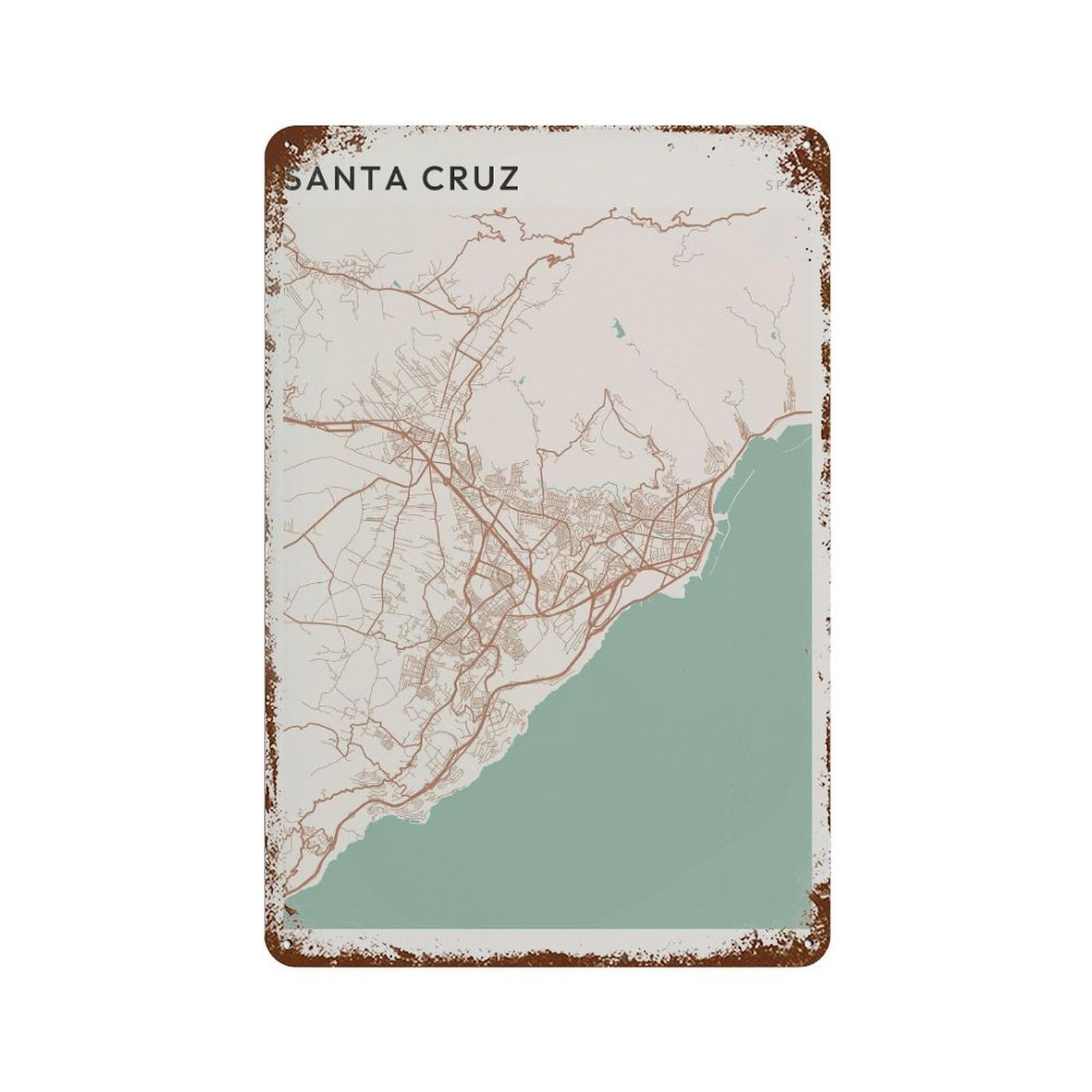 xiaoxiaoshen Santa Cruz Map Spain Travel Gift Minimalist Wall Decor Art Metal Tin Poster Modern Home Decor Art Home Bar Shop Decorations Vintage Sign 30x20cm