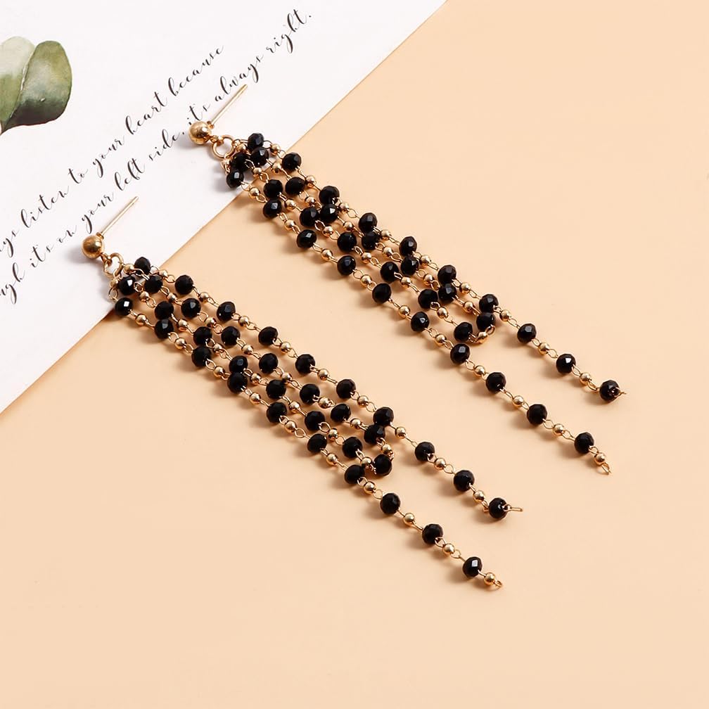 Long Black Geometric Tassel Earrings for Women Sparkly Rhinestone Chandelier Dangling Earrings Dark Crystal Fringe Dangle Earings Trendy Mermaid Statement Jewelry - Image 6