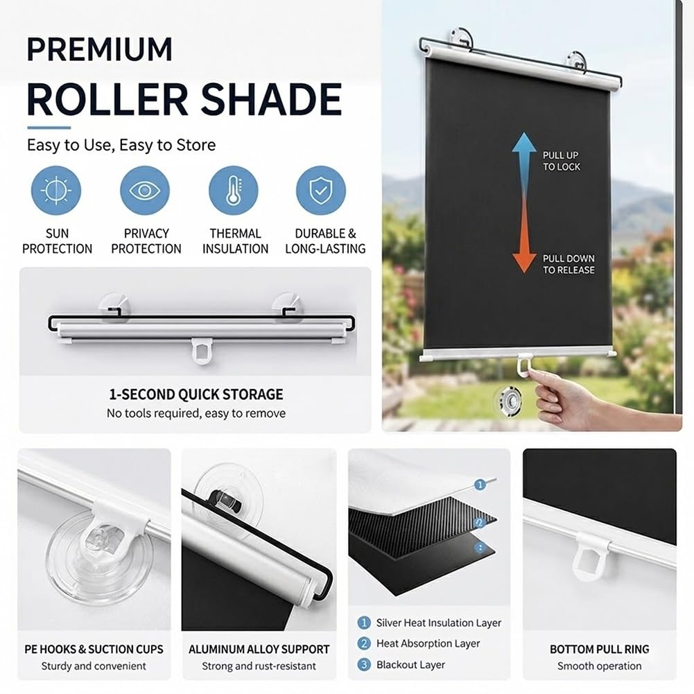 Generico Tenda A Rullo Senza Foratura 45x120 70x200cm Tenda Avvolgibile Oscurante Finestre con Ventose, Tendine Parasole A Rullo Retrattili per Auto Persiane Temporanea A Scomparsa(68x140cm)