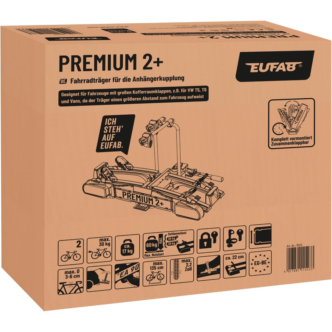 EUFAB Portabicicletas 11523 Premium 2 Plus, Apto para Grandes portones Traseros, Completamente premontado, antirrobo, 2 Bicicletas, Enganche de Remolque, Negro/Gris, (Ancho x Alto x Profundidad),