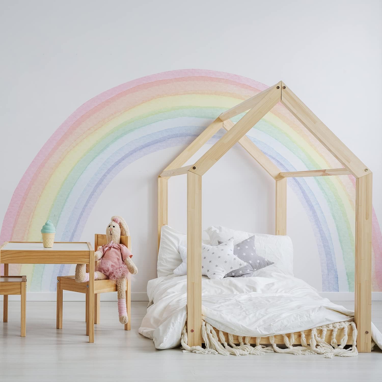 funlife Fabric Peel and Stick Large Rainbow Wall Mural Stickers, Precut Pastel Watercolor Rainbow Wall Sticker Decals for Kids Bedroom Living Room Playroom, 94.49" x 55.12"