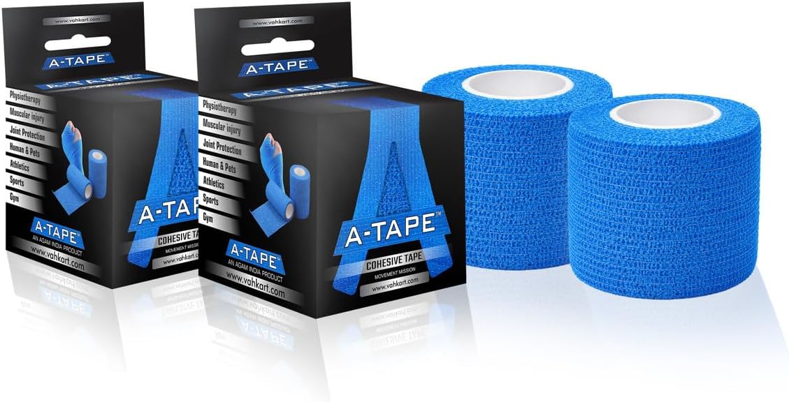 A-Tape Cohesive Crepe (5cm X 4.5 mtr, Pack of 2) Elastic Self Adherent Crepe Bandage Breathable Self Adhesive Cohesive Bandage for Humans & Pets (Dogs, Cats, Birds) (5 cm) (Blue)