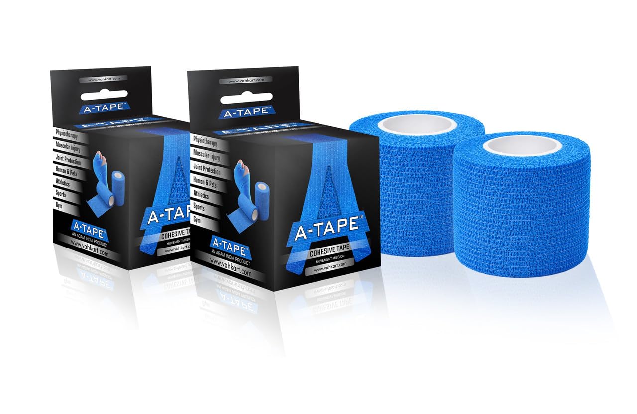 A-Tape Cohesive Crepe (5cm X 4.5 mtr, Pack of 2) Elastic Self Adherent Crepe Bandage Breathable Self Adhesive Cohesive Bandage for Humans & Pets (Dogs, Cats, Birds) (5 cm) (Blue)