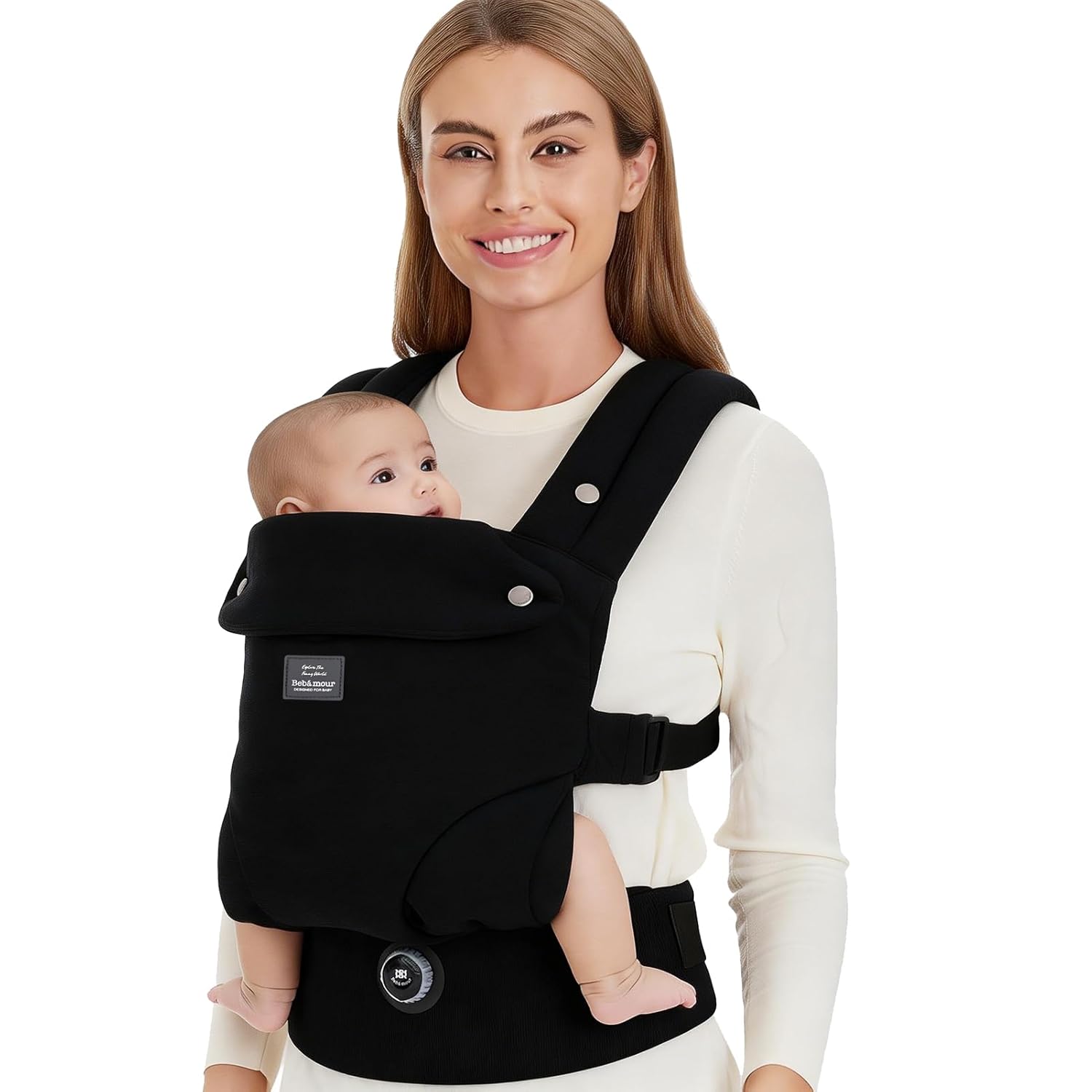 Bebamour Baby Carrier Ergonomic Infant Carrier for 7-32lbs, Adjustable Knob for Baby Hip Healthy Develop, Soft Cotton Infant Carrier,Front and Back Baby Carrier with 2 Teething Pads (Black)