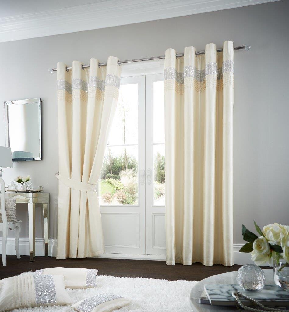 GAVENO CAVAILIA Oxy Diamante Engraved Luxurious Curtains Faux Silk Shiny Window Curtains Pair/Door Panel/Cushion Covers (Cream, 66 x 90 Inches)