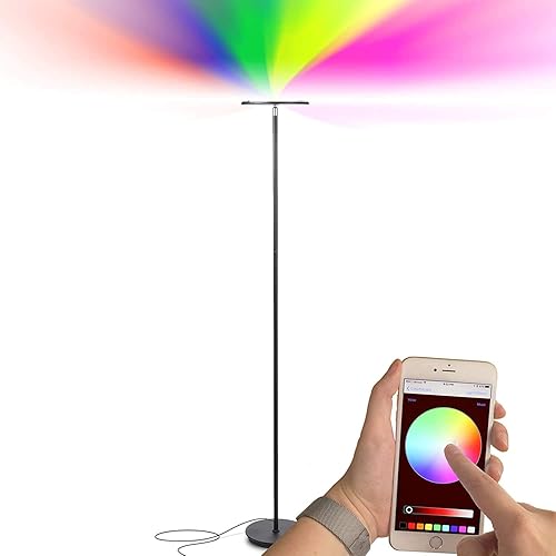 Brightech Sky Colors – Wi-Fi Color Changing Torchiere LED Floor Lamp – Smart Standing Lamp with iOS and Android Remote Control – Cost-Effective and Energy-Saving with Adjustable Head - Black