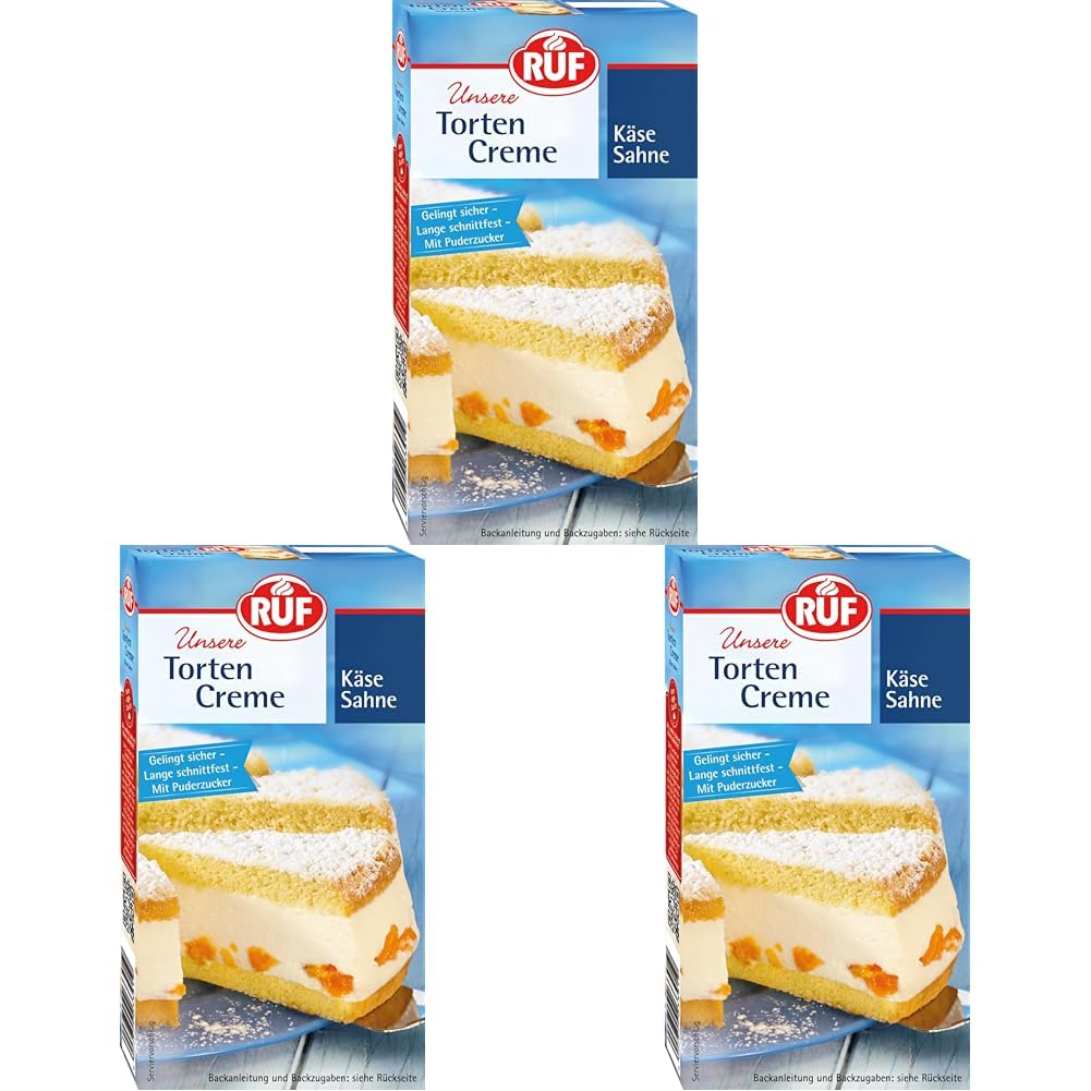 RUF Torten-Creme Käse Sahne, Creme für Käse Sahne Füllung, für Torten, Bikuit-Rollen und Cup Cakes, lange schnittfest, mit Puderzucker (Packung mit 3)