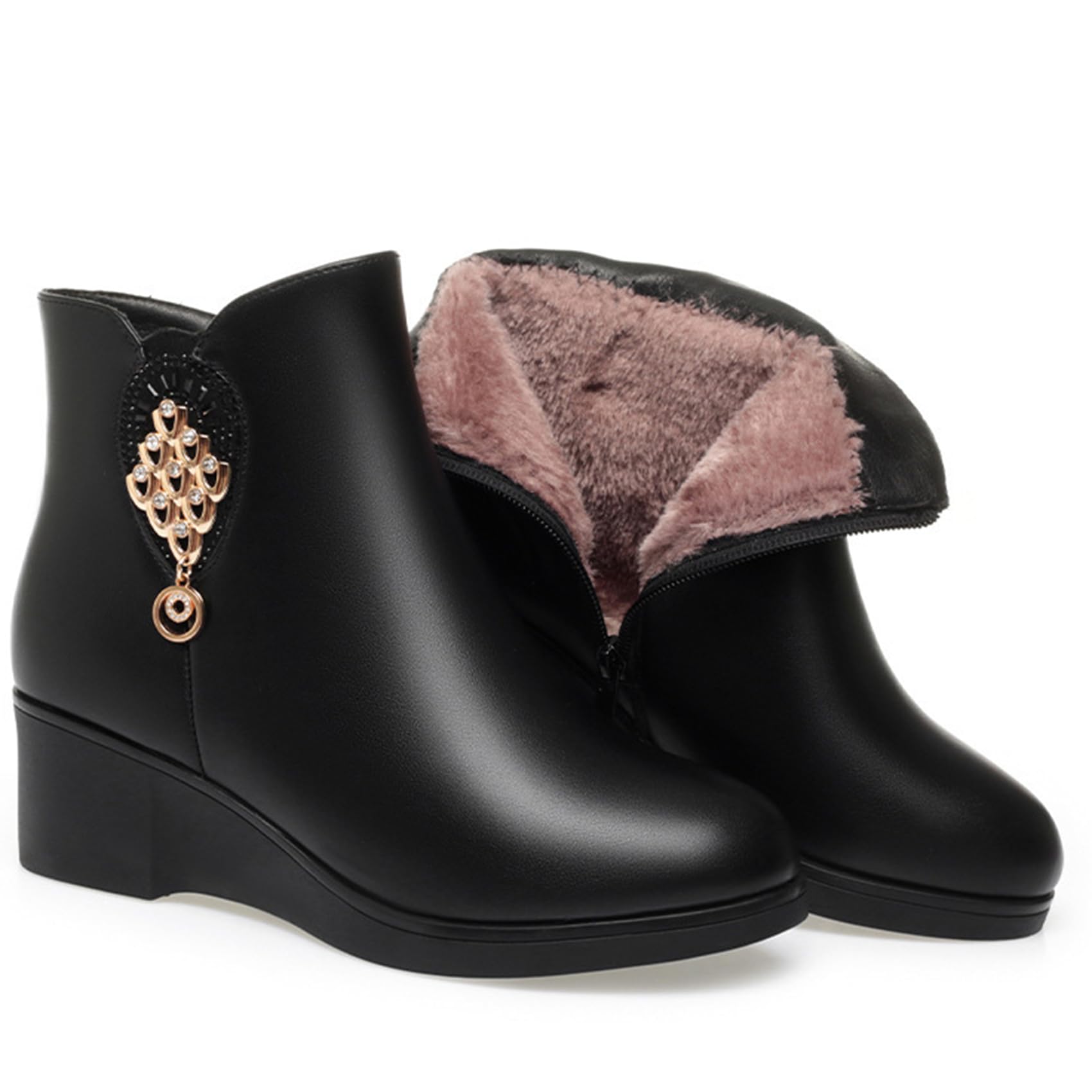 Womens Rhinestone Winter Boots - Sparkling Wedge Heel Ankle Booties Black Fur Lined Snow Boots with Side Zipper