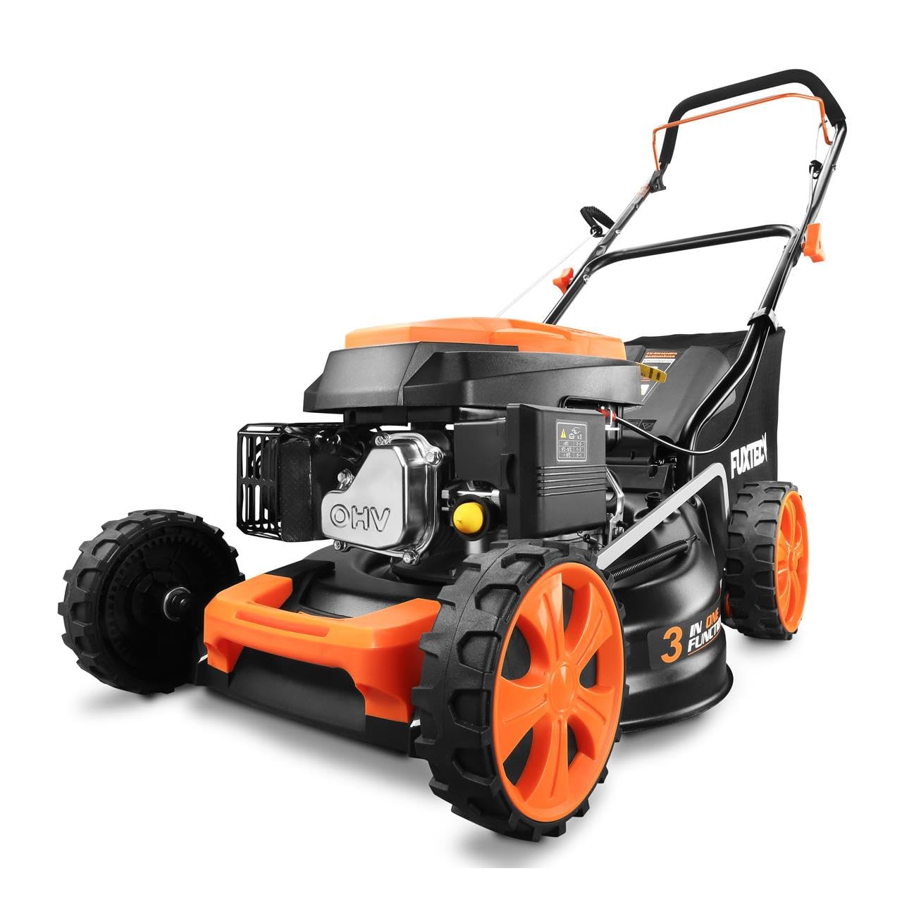 Kosiarka spalinowa FUXTEC 3w1 FX-RM4646ECO, 3,5 KM / 2,6 kW, szer. koszenia 46 cm, 7 poziomów (25–75 mm), 4-suwowa, kosz 50 l, mulczowanie i zlacze czyszczace