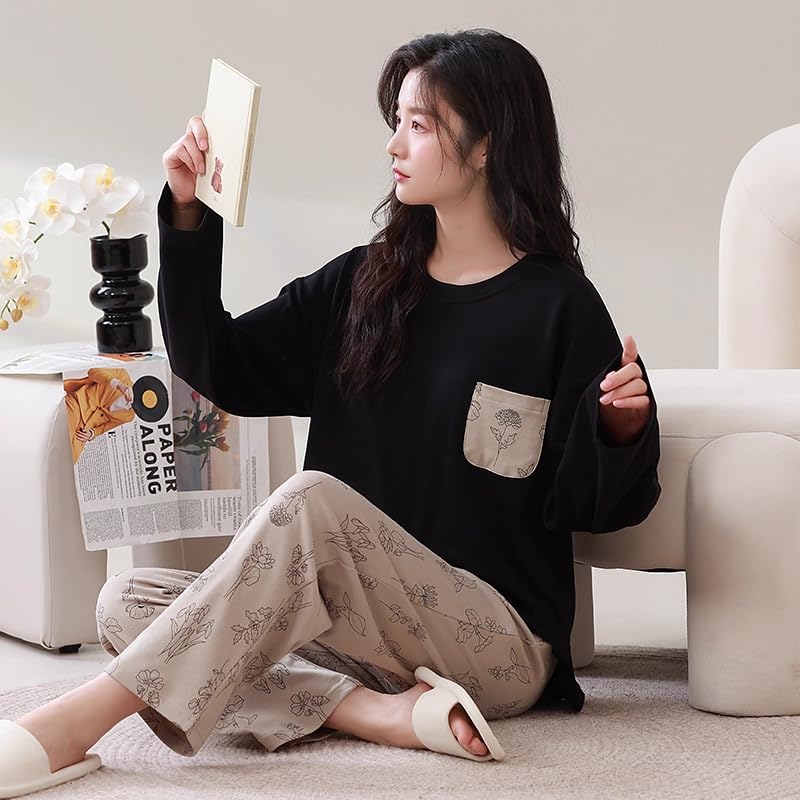 Image of Celary Women's Korean Night Suit Set | Round Neck Full Sleeve Top & Printed Ankle Length Pyjama | Skin-Friendly Fabric Soft Breathable Stretchable Loungewear | M to 2XL