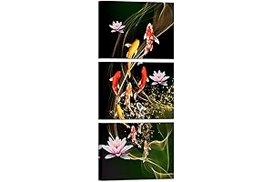 Canvbay Feng Shui Wall Art: A Triptych of Tranquil Fish in a Serene Lotus Pond