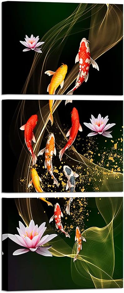 Canvbay 3 Piece Nine Koi Fish Canvas Painting Wall Art Feng Shui Lucky Carp in Lotus Pond Picture Prints Traditional Chinese Painting Poster for Bathroom Spa Room Decor Framed 12x16inchx3pcs