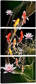 Canvbay 3 Piece Nine Koi Fish Canvas Painting Wall Art Feng Shui Lucky Carp in Lotus Pond Picture Prints Traditional Chinese Painting Poster for Bathroom Spa Room Decor Framed 12x16inchx3pcs