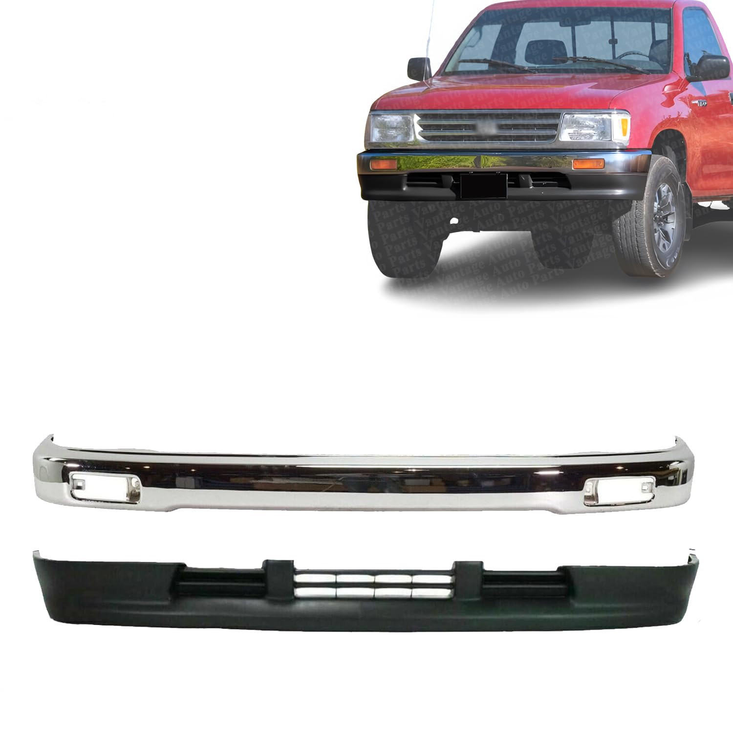 Vantage Auto Parts - Front Bumper Chrome + Lower Valance Textured Compatible with Toyota T-100 Pickup 1993-1998 | DIRECT REPLACEMENT | Steel |