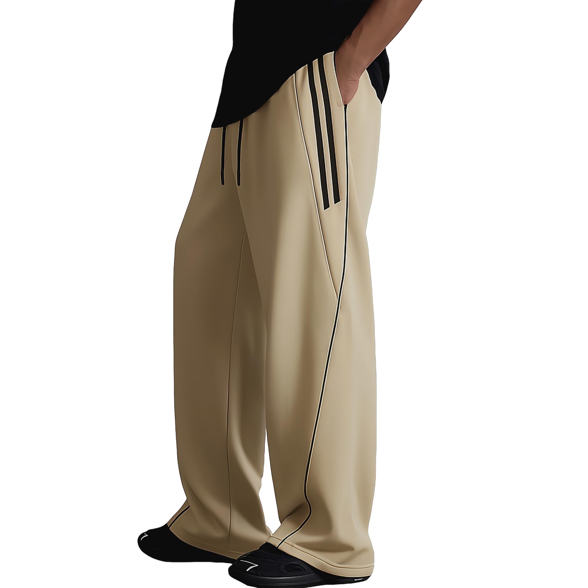 trendbull Men's Cotton Fleece Wide-Leg Joggers, Relaxed Fit Winter Track Pants with Adjustable Waist, Tape Detail, Black Piping, Side Pockets for Gym, Travel, Sports-picture-37