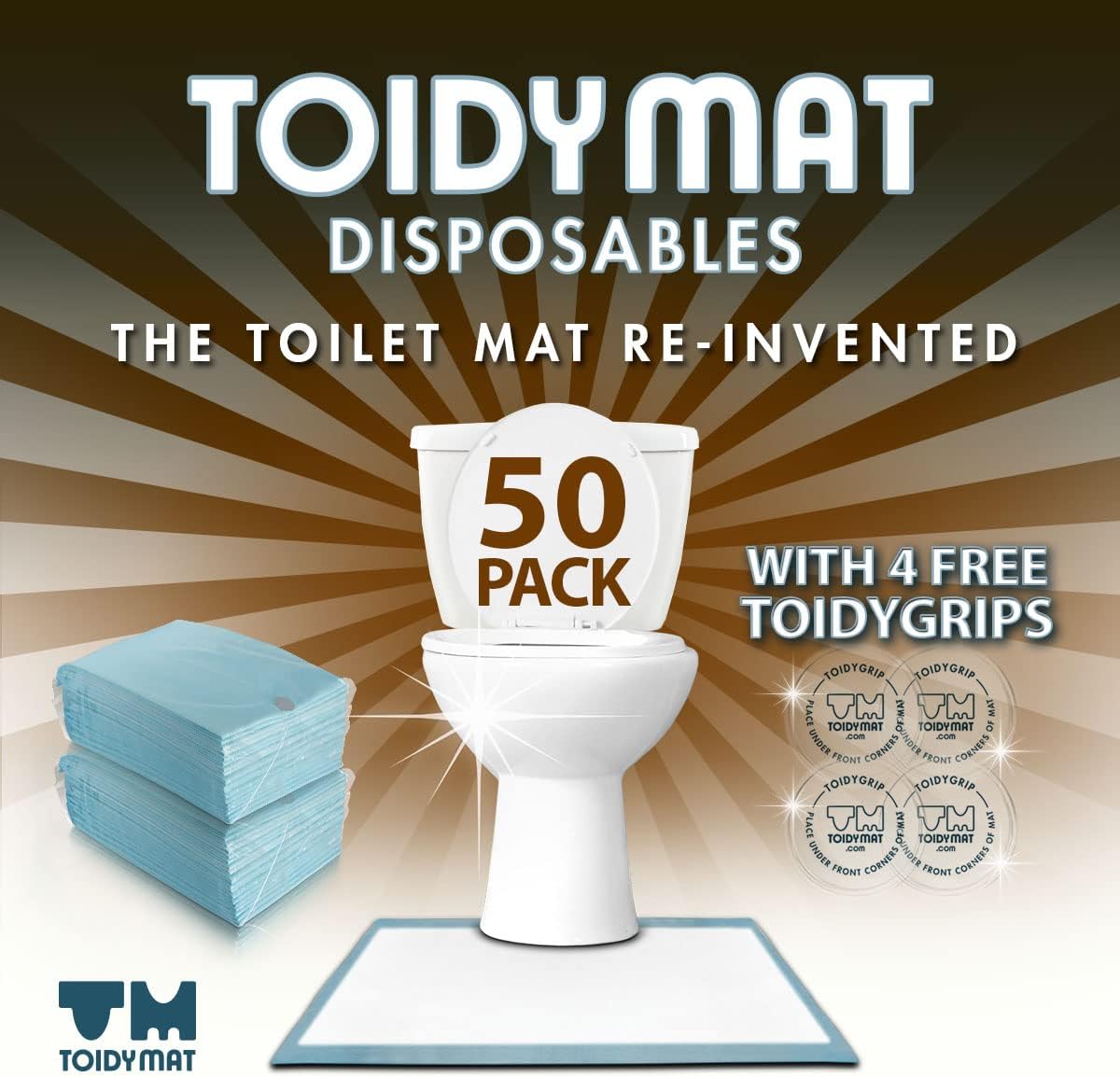 ToidyMat Disposables - Absorbent Contour Incontinence Tinkle Pads for Bathrooms - Great for Incontinence, Kids Poty Training & More -24 x 24 Inches, 50 Pack, 4 ToidyGrips.