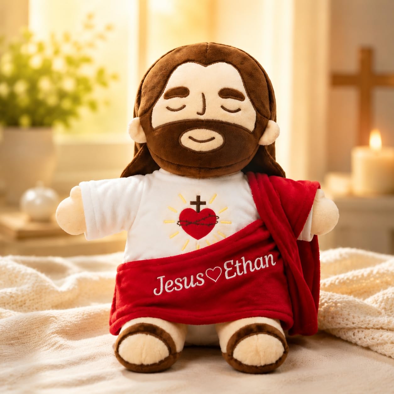 VEELU Personalised Breathing Jesus Plush Doll with Embroidered Name, Soft Jesus Statue Figure with Calming Night Light for Anxiety Relief, 40cm Religious Christening & First Holy Communion Gift