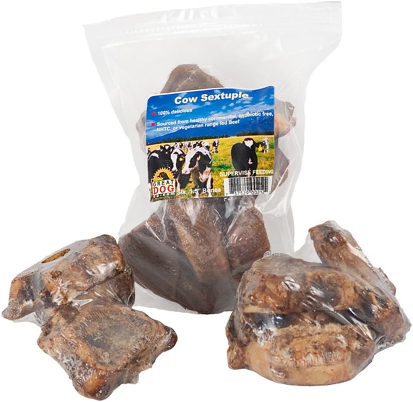 Great Dog Sextuple Beef Bones - Six, 1.5 Inch Bones - Sourced and Made in USA Only,Beef Bones for Dogs,Beef Marrow Bones,Beef Dog Bones,Beef Femur Bones,Beef Bones for Smaller Dogs