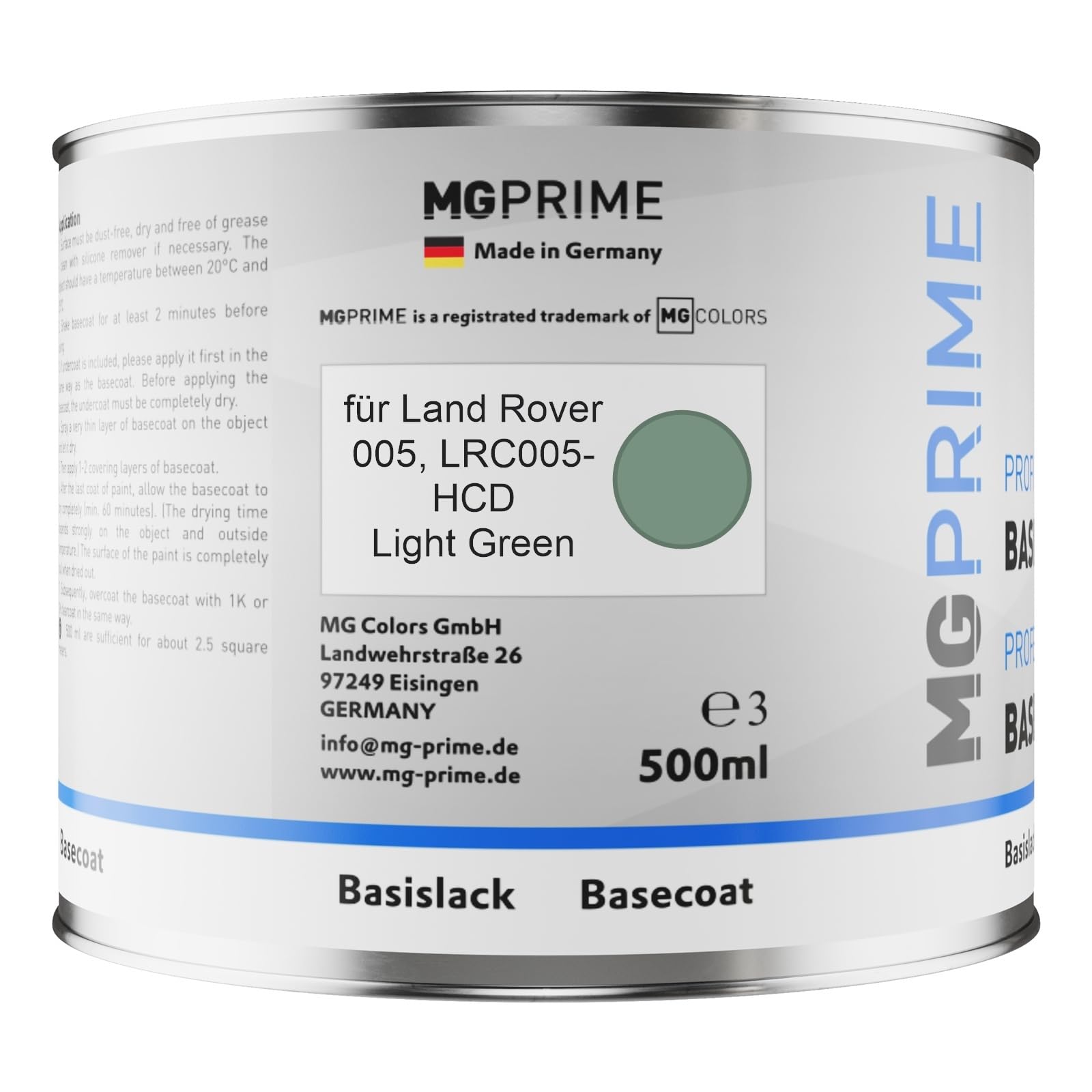 MG PRIME Vernice per auto Barattolo pronto all’uso per Land Rover 005 / LRC005-HCD Light Green Vernice di base 0,5 litri 500ml
