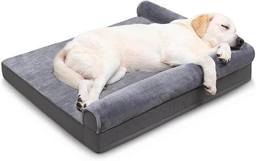 KSIIA Orthopedic Dog Bed - Waterproof for Large Dogs, Flannel Bolster Couch With Egg Crate Foam, Removable Washable Cover & Nonskid Bottom, 36 x 27 Inch, Gray