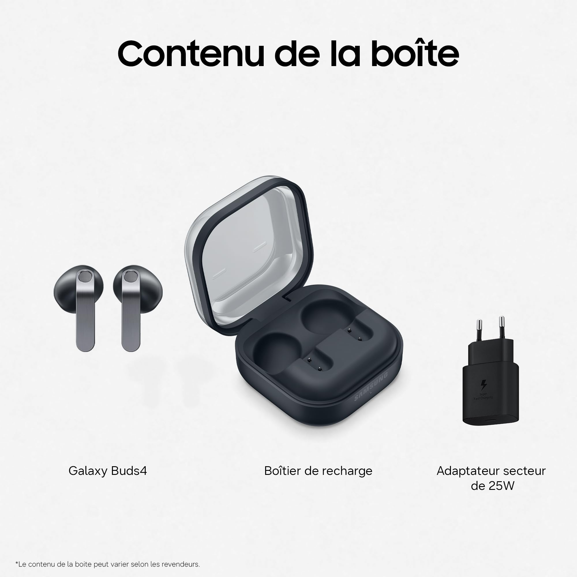 Samsung Galaxy Buds4, Écouteurs Bluetooth sans Fil, Haut-Parleur Dynamique, Codec Hi-FI, Appels Ultra clairs, Audio 360, Réduction de Bruit Adaptative, Chargeur Secteur Inclus, Noir