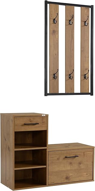 HOMCOM Coat Rack with Shoe Bench Set, Hall Tree, Hallway Set with 6 Hooks, Drawer and Storage Cabinet, Black and Natural