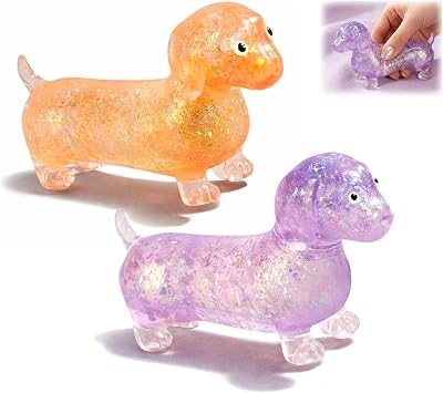 Dachshund Squishy, Sparkly Sausage Dog Gel Stretch Ball, Ultra-Soft Touch Mini Rainbow Weiner Dog 2PCS