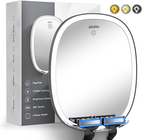 Espejo de ducha sin niebla para afeitarse con LED, espejo de afeitar ajustable con soporte para maquinilla de afeitar, iluminación regulable de 3