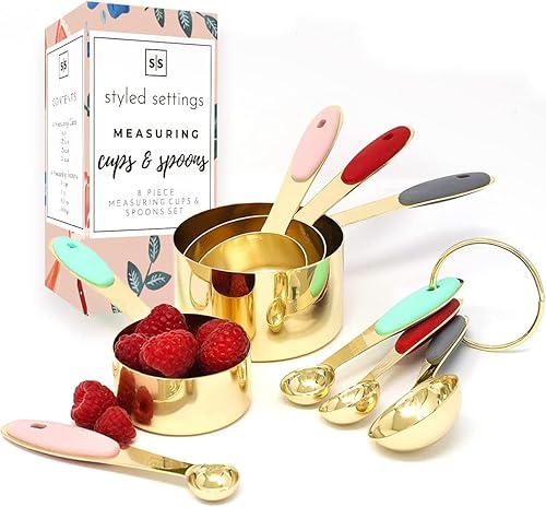 Juego de tazas y cucharas medidoras de acero inoxidable en color dorado y cobre