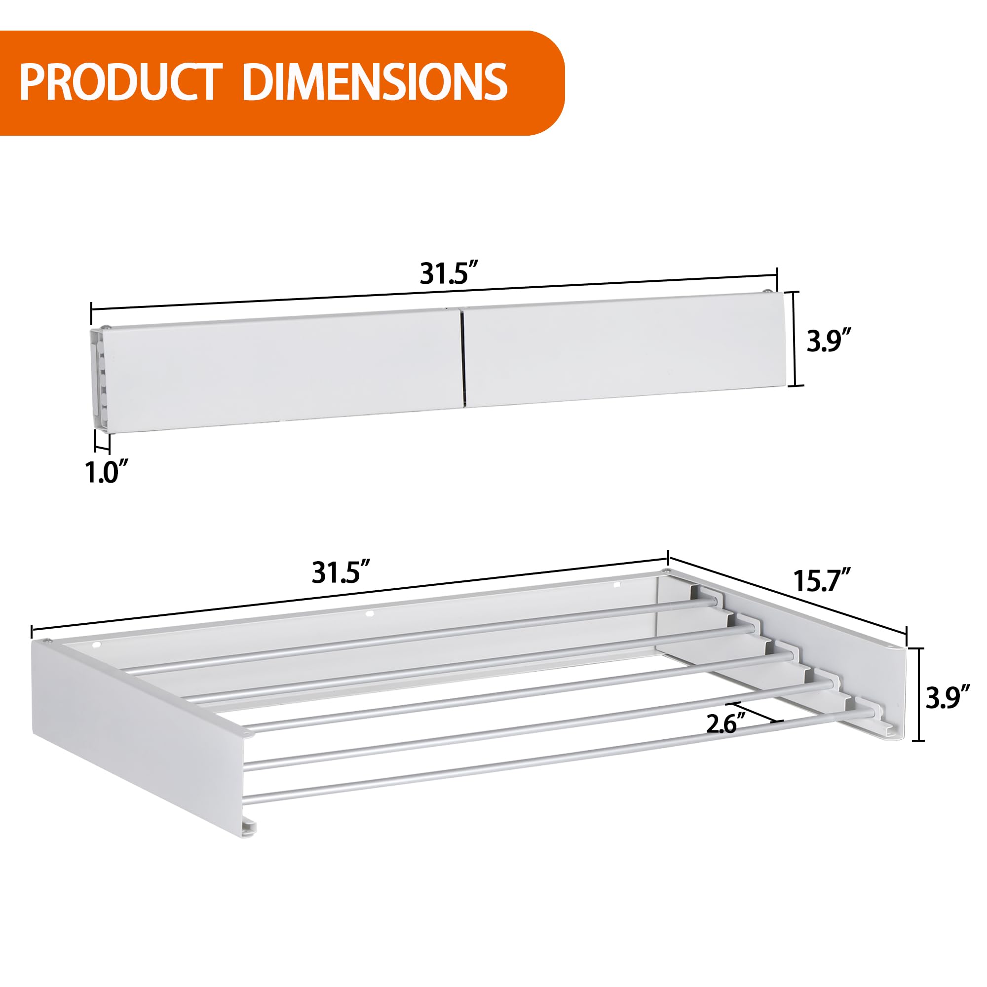 FOCHIER F Wäscheständer, Wandmontage, zusammenklappbar, 80 cm breit, mit 4,5 m und 5 Aluminiumstangen, Bohrschablone, langer Schraubendreher-Bit, 27,2 kg Kapazität (Weiß, 80 cm)