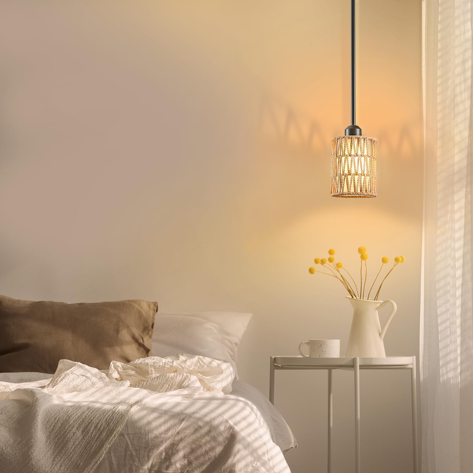Lámpara colgante bohemia, luces colgantes de ratán con 2 en 1 lino y pantalla tejida, lámparas de techo para isla de cocina, comedor, granja, dormitorio (1 unidad) 7