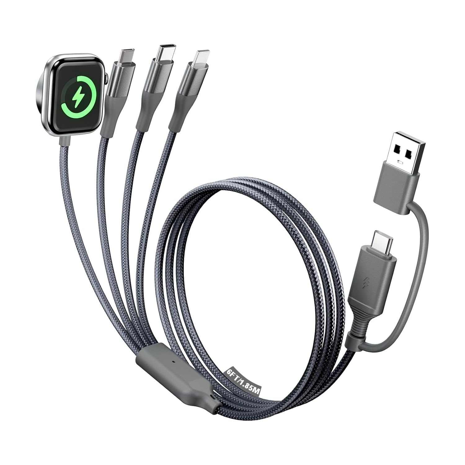 A-Pce 4-in-2 Multi Charging Cable with Smartwatch Charging, Grey-6FT