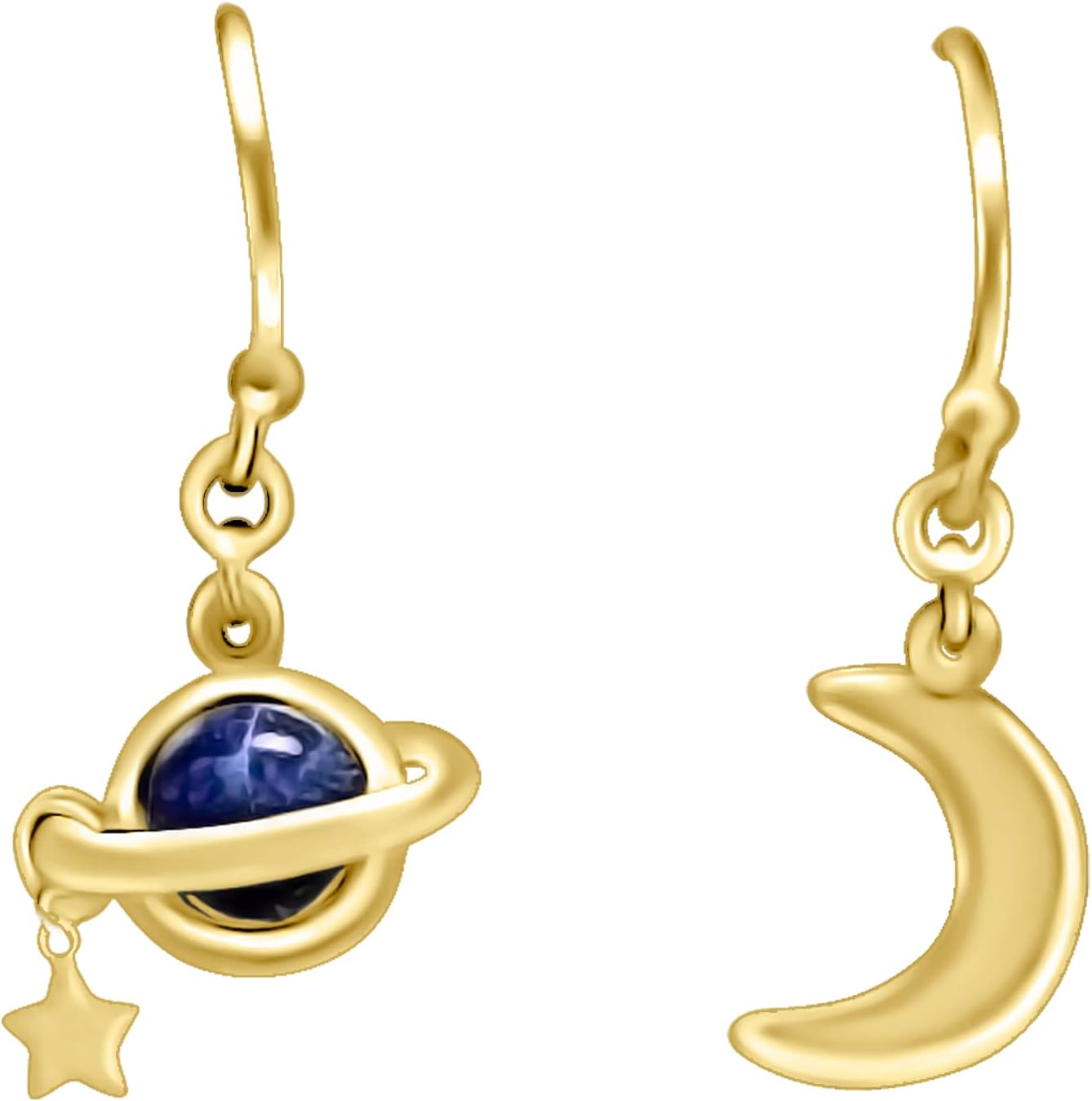 Quan JewelryNASA Saturn with Star and Moon Stud Earrings, Travel, Exploration Gifts, Unique Present for Space, Moon and Planet Lovers, Silver, Lapis Lazuli