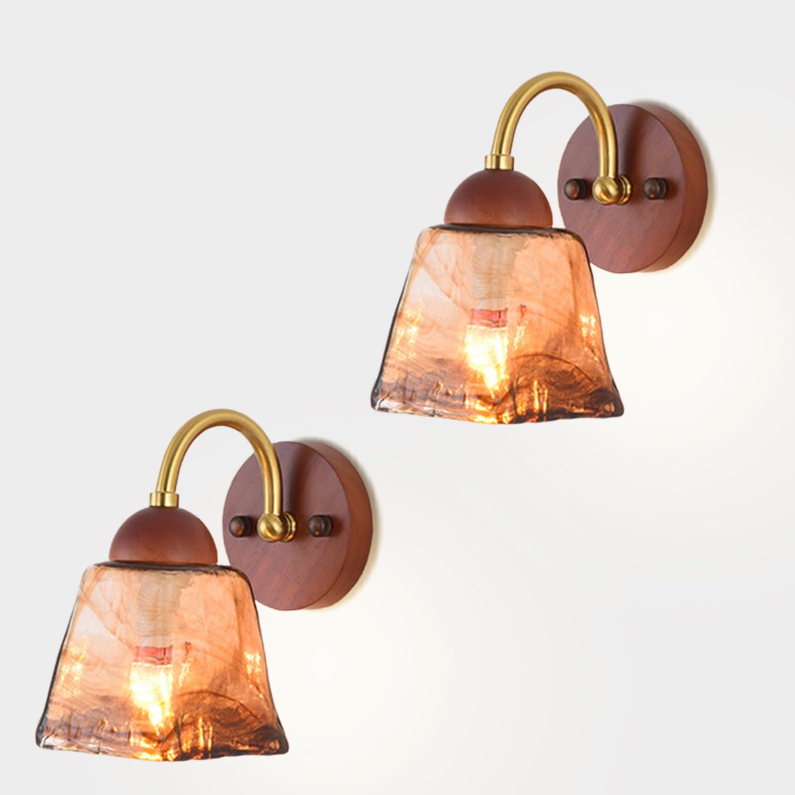 SXWNBIFH Mid Century Modern Gold Wall Sconce Glass Sconces Wall Lighting Bathroom Vanity Light Fixtures Wood Wall Lamp for Living Room Bedroom Hallway Foyer E14 Socket(2-Pack)