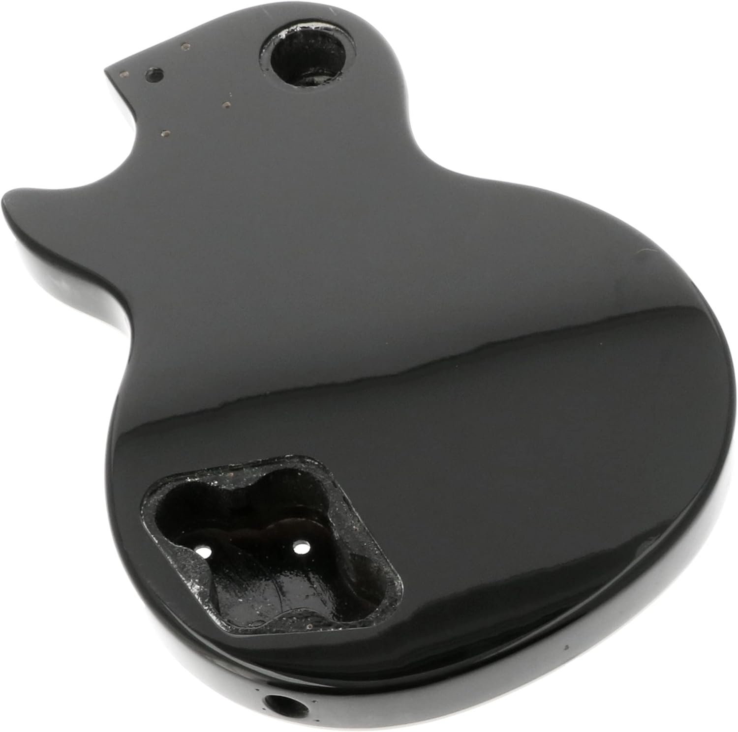 Back view of the black electric guitar body with control cavity cover removed.