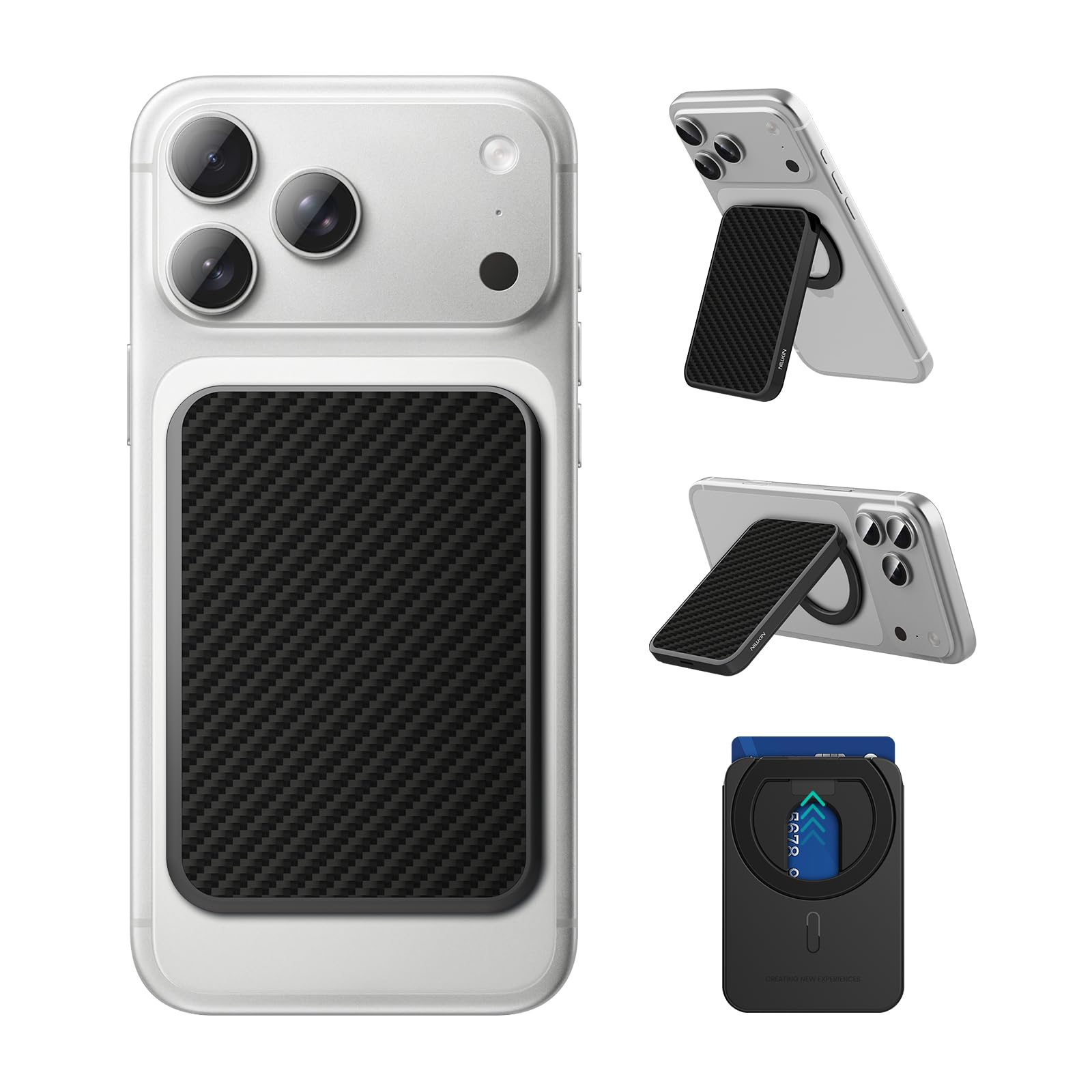 Nillkin Handy Kartenhalter für MagSafe Wallet - Ultra Leichter Kohlefaser Verstellbar Ständer, Karten Halter mit 3 Kartenfächer, Magnetischer Wallet Halter für iPhone 17