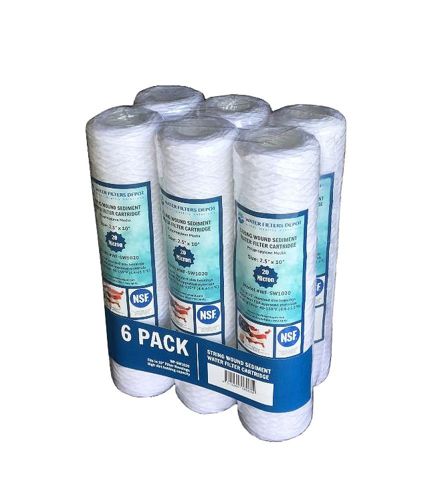 WFD, WF-SW1020 Sediment-Wasserfilterkartusche, 6,3 x 25,4 cm, 20 Mikron, passt in 25,4 cm Standard-Gehäuse von RO- oder Filtersystemen (6 Stück, 20 Mikron)