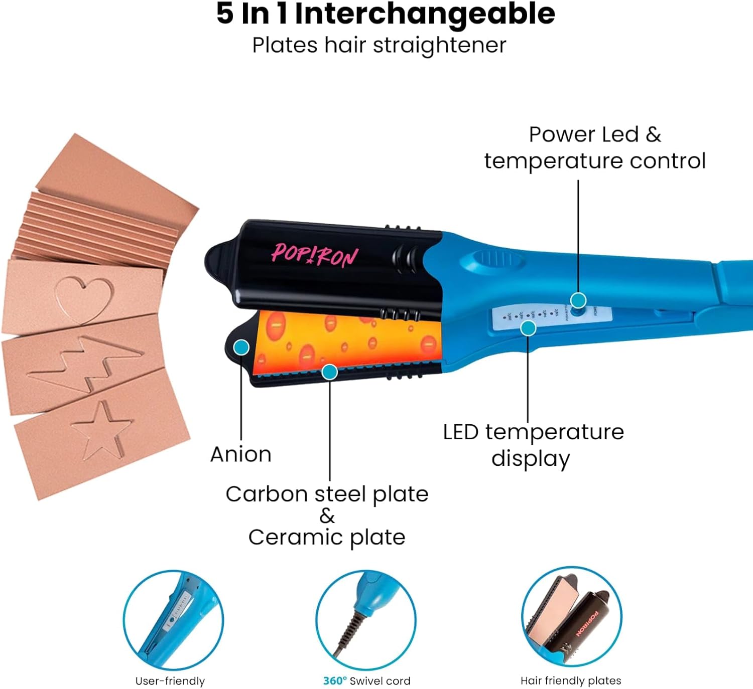 PopIron Hair Straightener & First 3D Image Hair Imprinting Iron - Comes with 5 Different Plates Including Hair Straightener, Crimper, and 3 Fun Shapes. Perfect hot Tool for Hair Art or Festival Hair