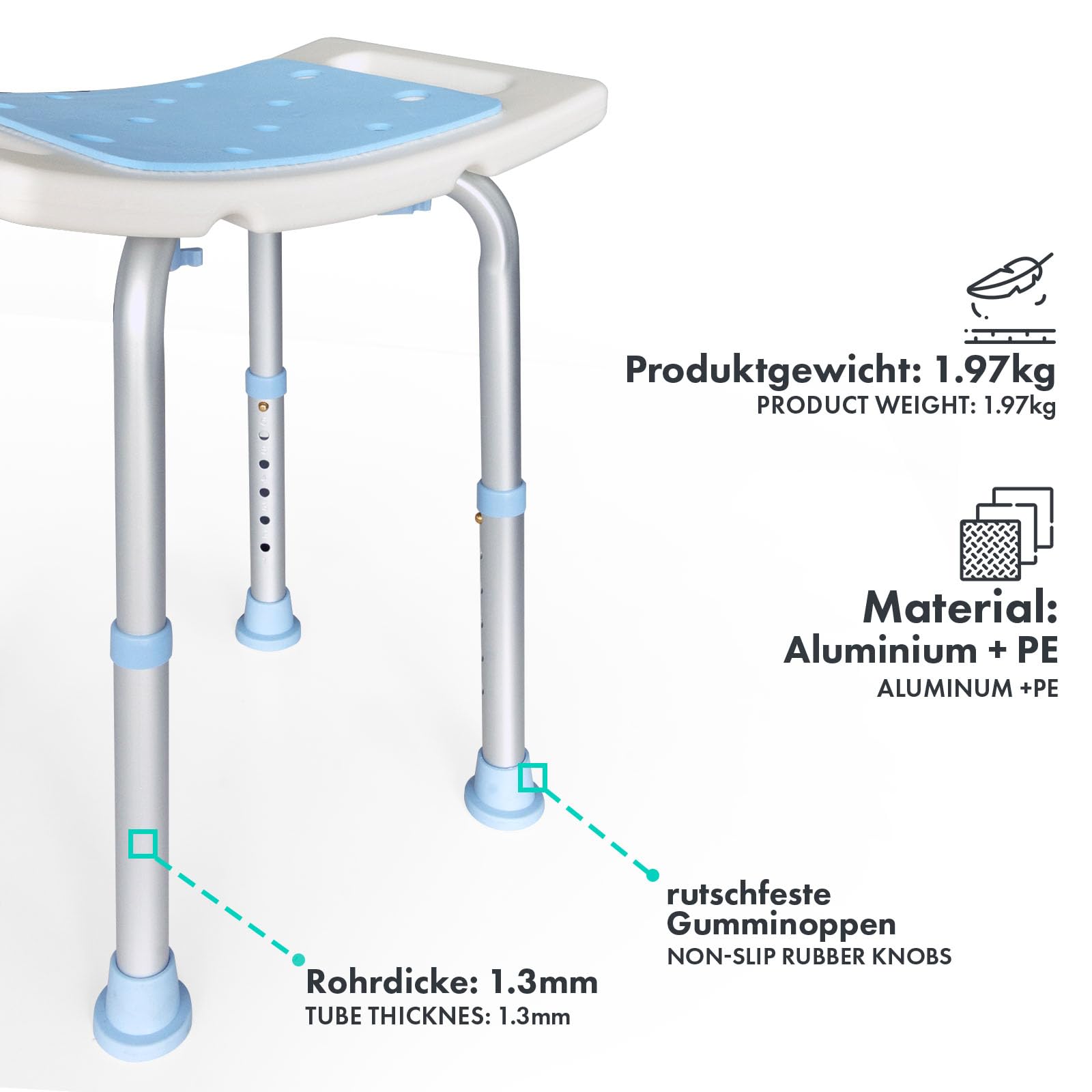 Floordirekt Taboret prysznicowy Nora – krzesło prysznicowe z regulacją wysokości 37,5-49,5 cm – obciążenie do 136 kg