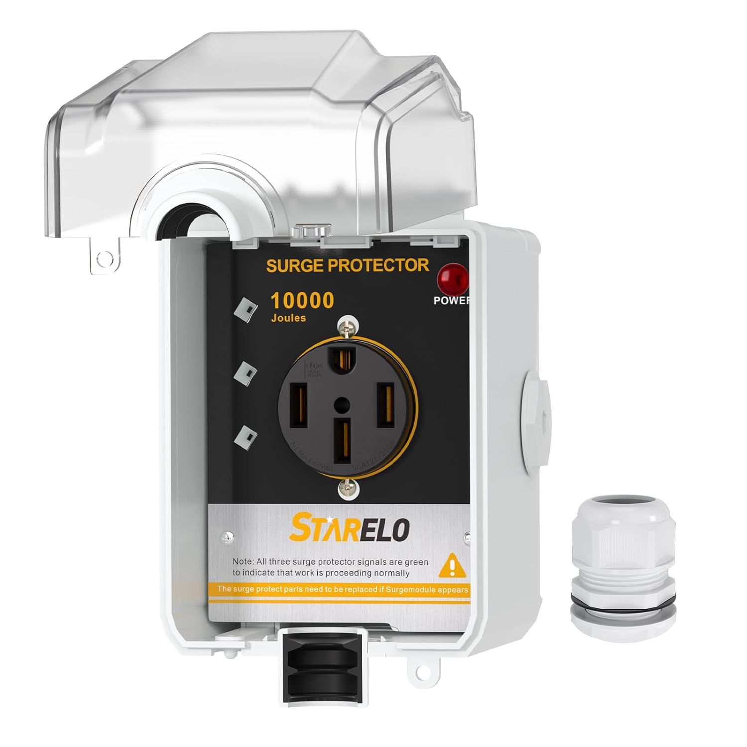 STARELO 50Amp RV Power Outlet Box with Surge Protector Waterproof（10000 Joules）,NEMA 14-50R Receptacle 125/250Volt,with Surge Protection for RV Campers and Van Trailers,UL Listed.(NEMA 14-50R Box)