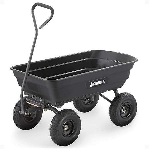 Gorilla Carts Poly Garden Dump Cart, 4 Cu Ft Tub, 600 lb Haul Capacity, Black – Heavy-Duty Utility Wagon with Quick-Release Dumping & Pneumatic Tires for Yard, Landscaping and Gardening