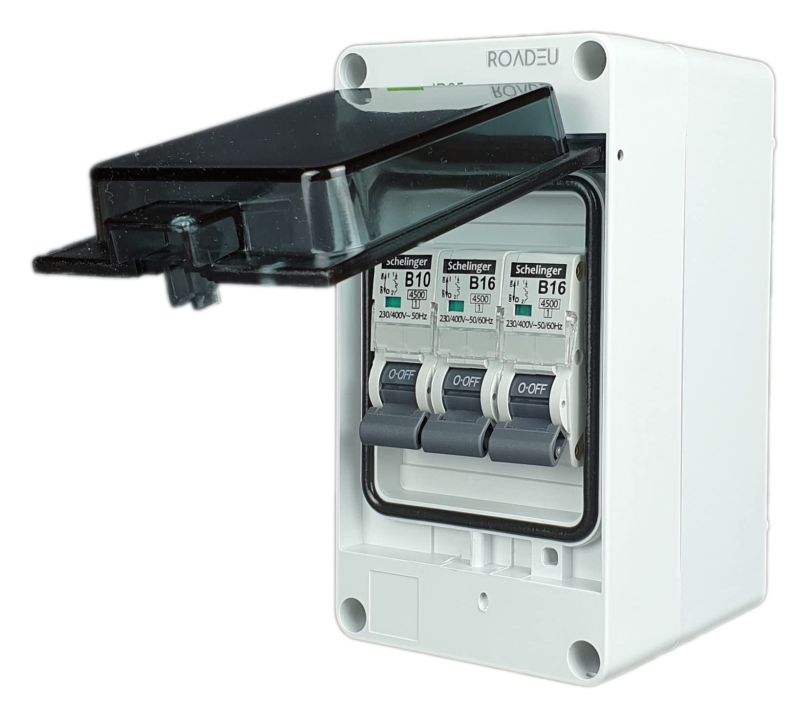 RoadEu - 3 Way UK Consumer Unit, 3x MCB Circuit Breakers 10A 16A Type B Outdoor Weatherproof IP65 Shed Garage