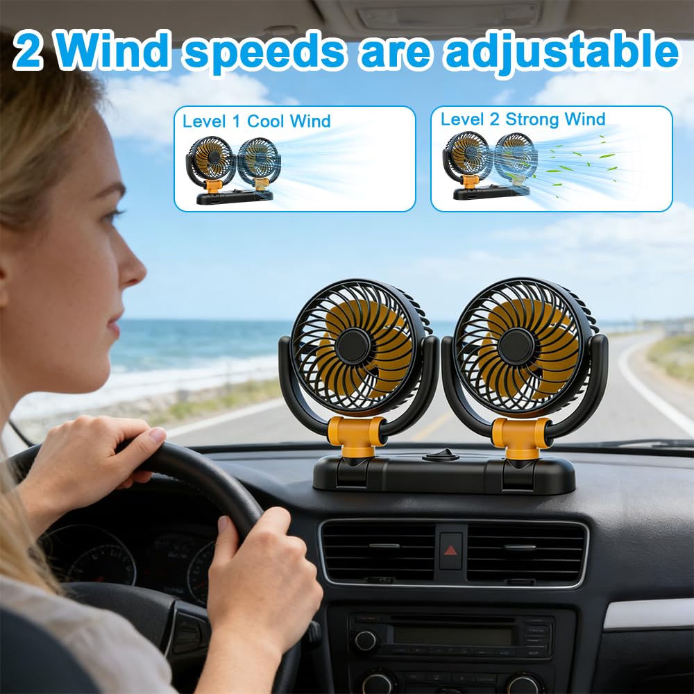 Mineup Ventilatore Auto 12V, Ventilatore Auto Doppia Testa, Ventilator 360° Ruotabile Portatile Con 2 Velocità, Alimentate Tramite Accendisigari, Per Cruscotto Aut Furgone SUV RV Barca