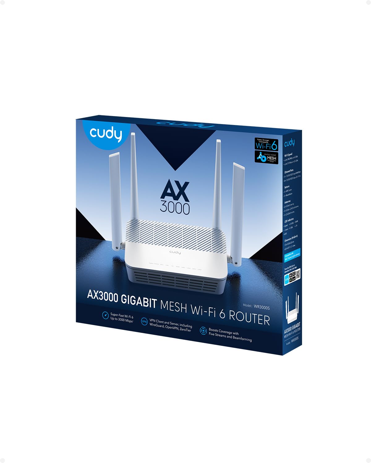 Cudy WR3000S AX3000 Dual Band WiFi 6 Mesh Router, 5 porte Gigabit Ethernet RJ45, 4 antenne ad alto guadagno 5dBi, MU-MIMO, OpenVPN, Wireguard, Zerotier, Ipsec VPN, Cloud APP