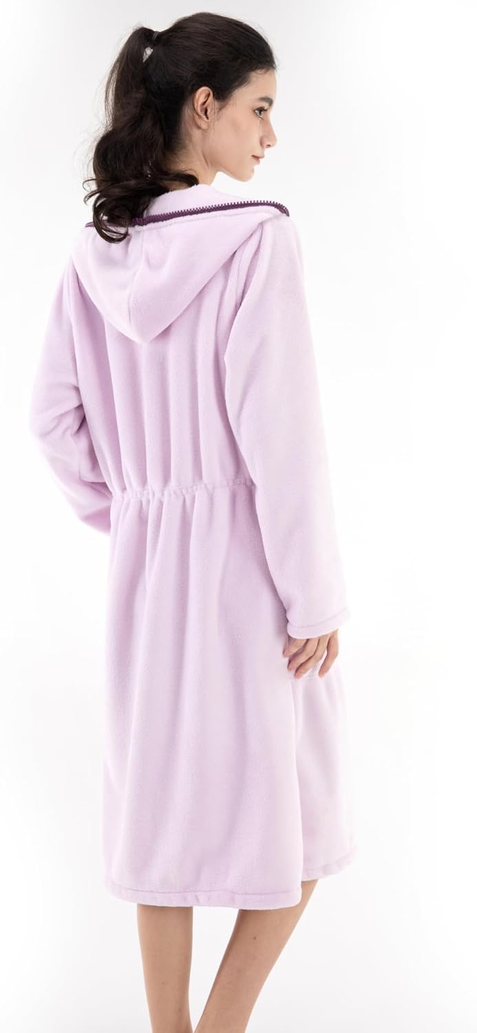 COSUSKET Women's Bathrobe, Zipper Sleepwear Nightgowns Fleece Long Sleeve Zip up Hooded Robes with Pockets House Coat - Image 2