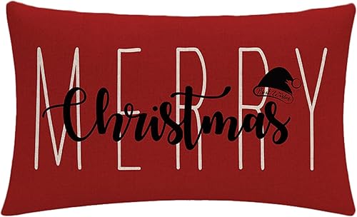 Miniatura 2 de 7COLORROOM Juego de 2 fundas de almohada rojas de Navidad con texto en inglés Merry Christmas Merry Christmas, fundas rectangulares para cojín de