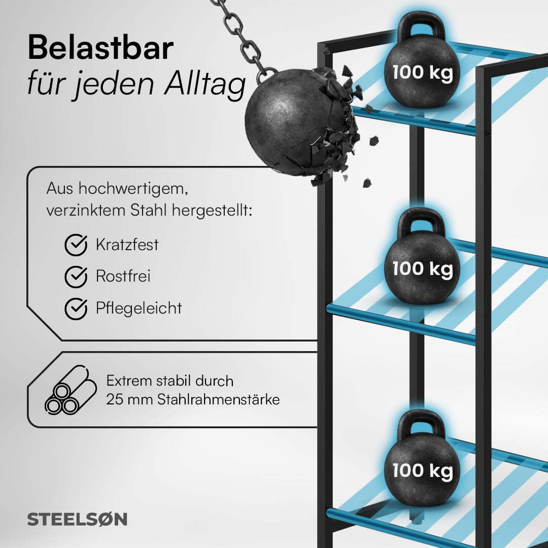 STEELSØN Mystra Getränkekistenregal – Getränkeregal für 3 Kisten in schwarz – stabiles Kistenregal für Wasser, Bier, Obst, Gemüse – Bierkisten Regal mit höhenverstellbaren Füßen – Flaschenregal Metall