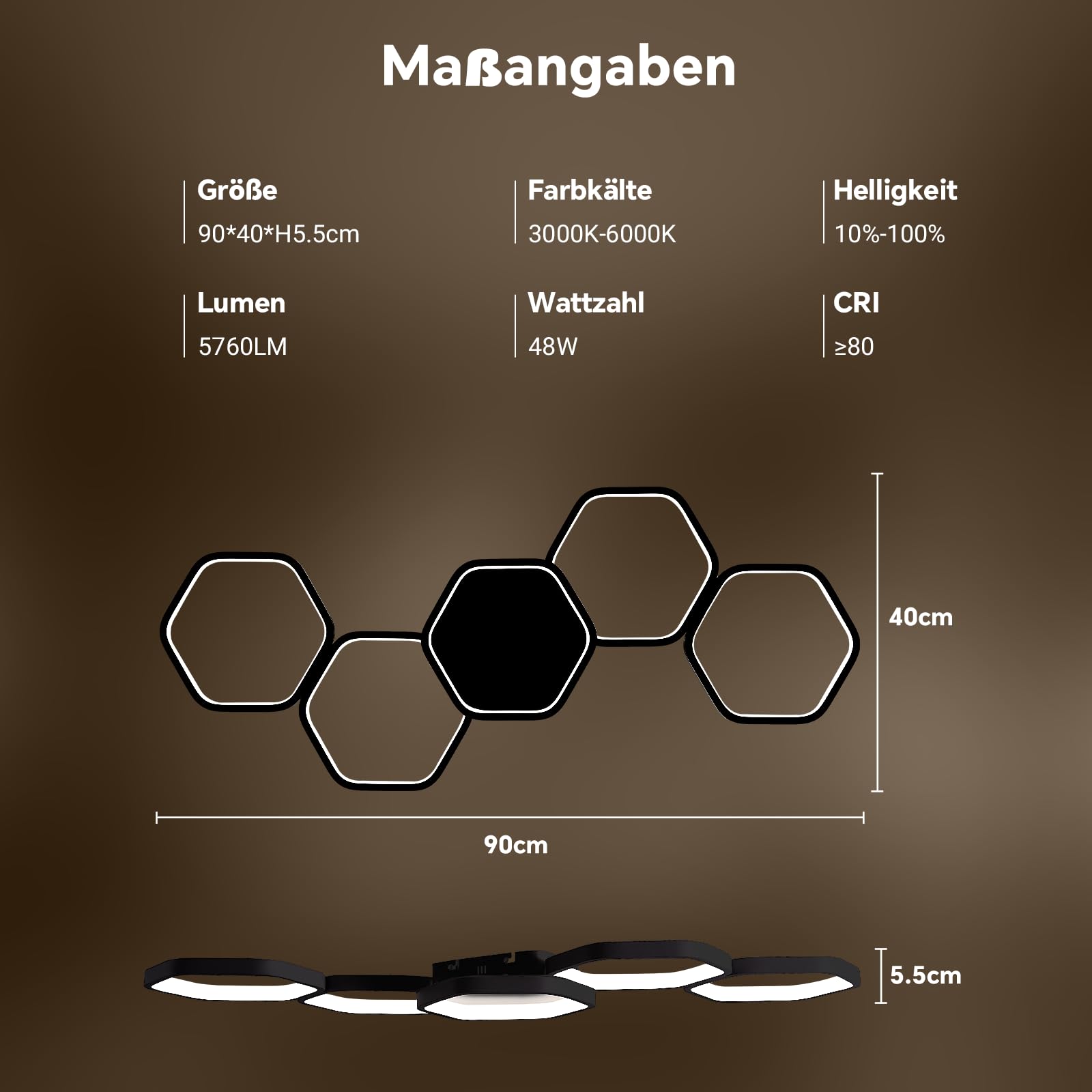 Yuanfenghua LED Deckenleuchte, Deckenlampe Dimmbar mit Fernbedienung Farbwechsel, Wohnzimmerlampe Schlafzimmer moderne Deckenbeleuchtung Kronleuchter Lampe, 90cm, Schwarz