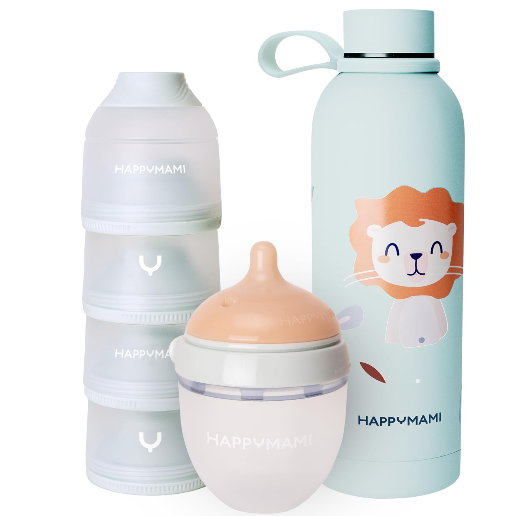 Happymami,Set aus personalisierbarer Babyflasche in Brustform + Baby-Thermosflasche für Flüssigkeiten + Milchpulver-Portionierer, Fütterungsset für dein Baby