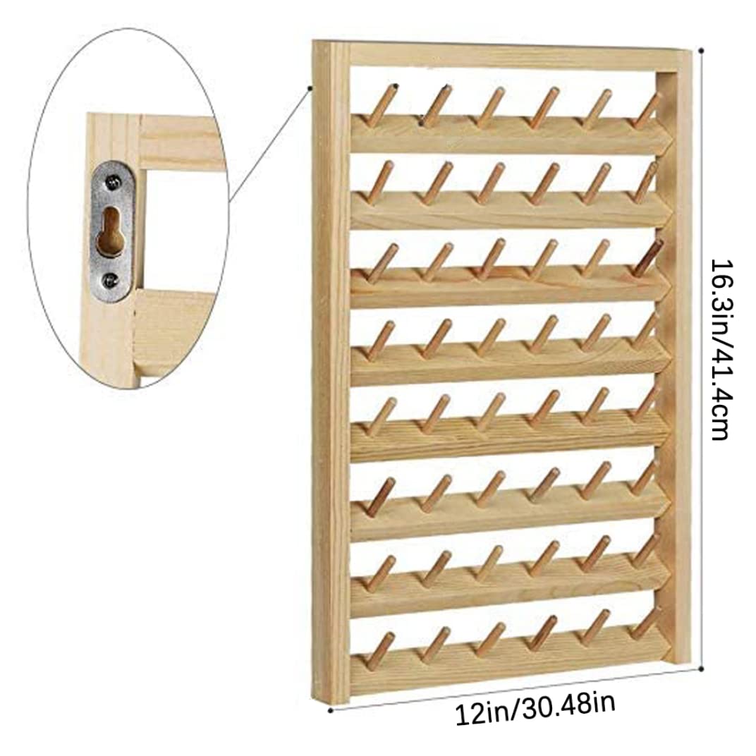 Thread Rack Portacarretes de hilo de coser montado en la pared para 48 carretes con ganchos para colgar Organizador de madera para acolchar bordado